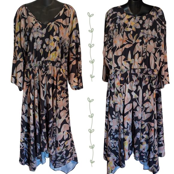 Meri Skye Black Floral Asymmetric Hem Dress 3X - Picture 1 of 6